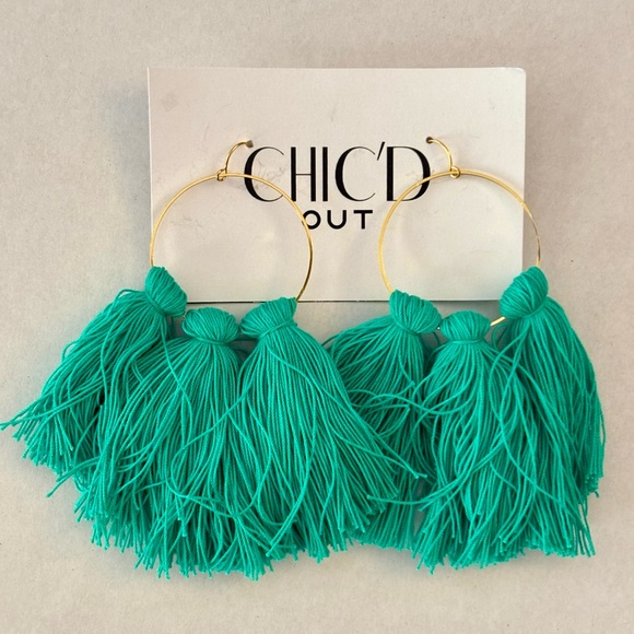 Bold & Chic Teal Tassel Hoop Earrings - Picture 1 of 2